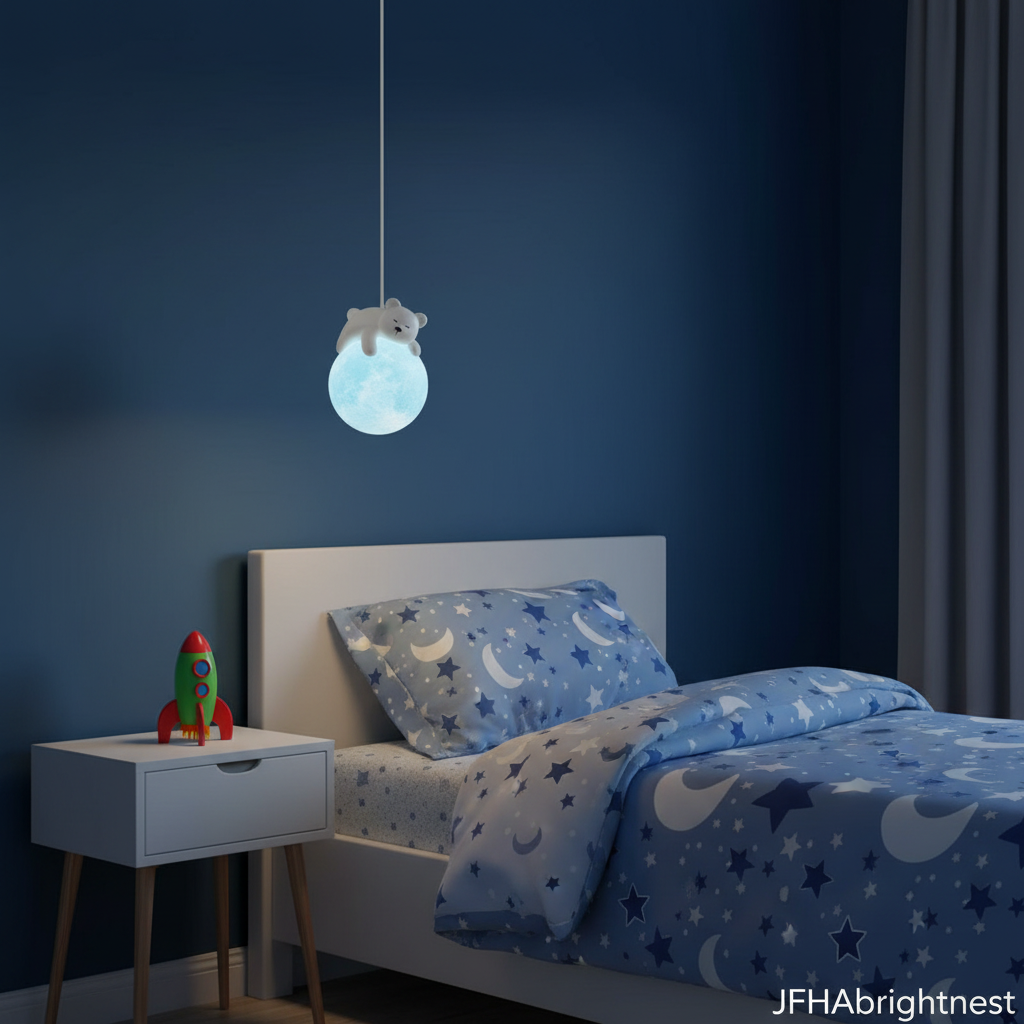 Blue kids globe pendant light hanging beside child's bed in adventure room