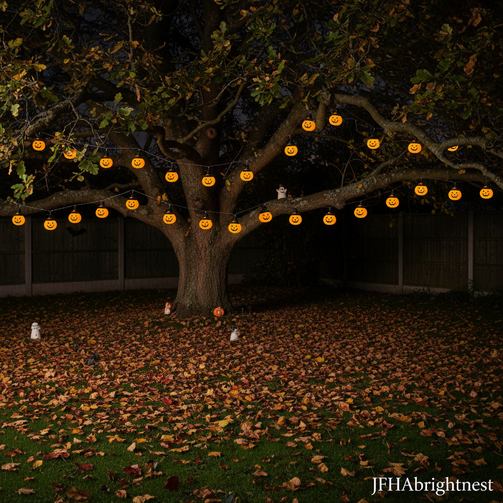 Witch hat pumpkin string lights hanging from English oak tree in British back garden at Halloween night with JFHAbrightnest branding