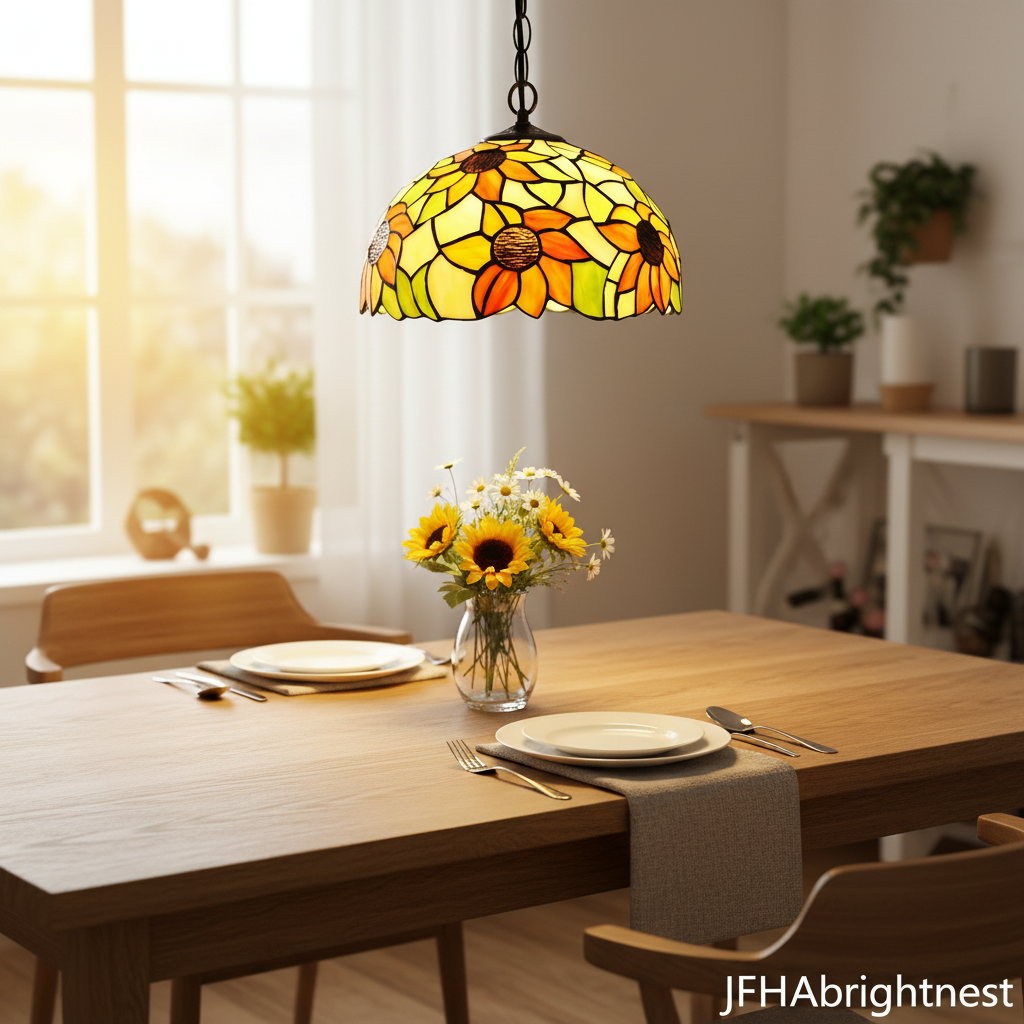 Yellow and white Tiffany stained glass dome pendant light – dining table lifestyle photo
