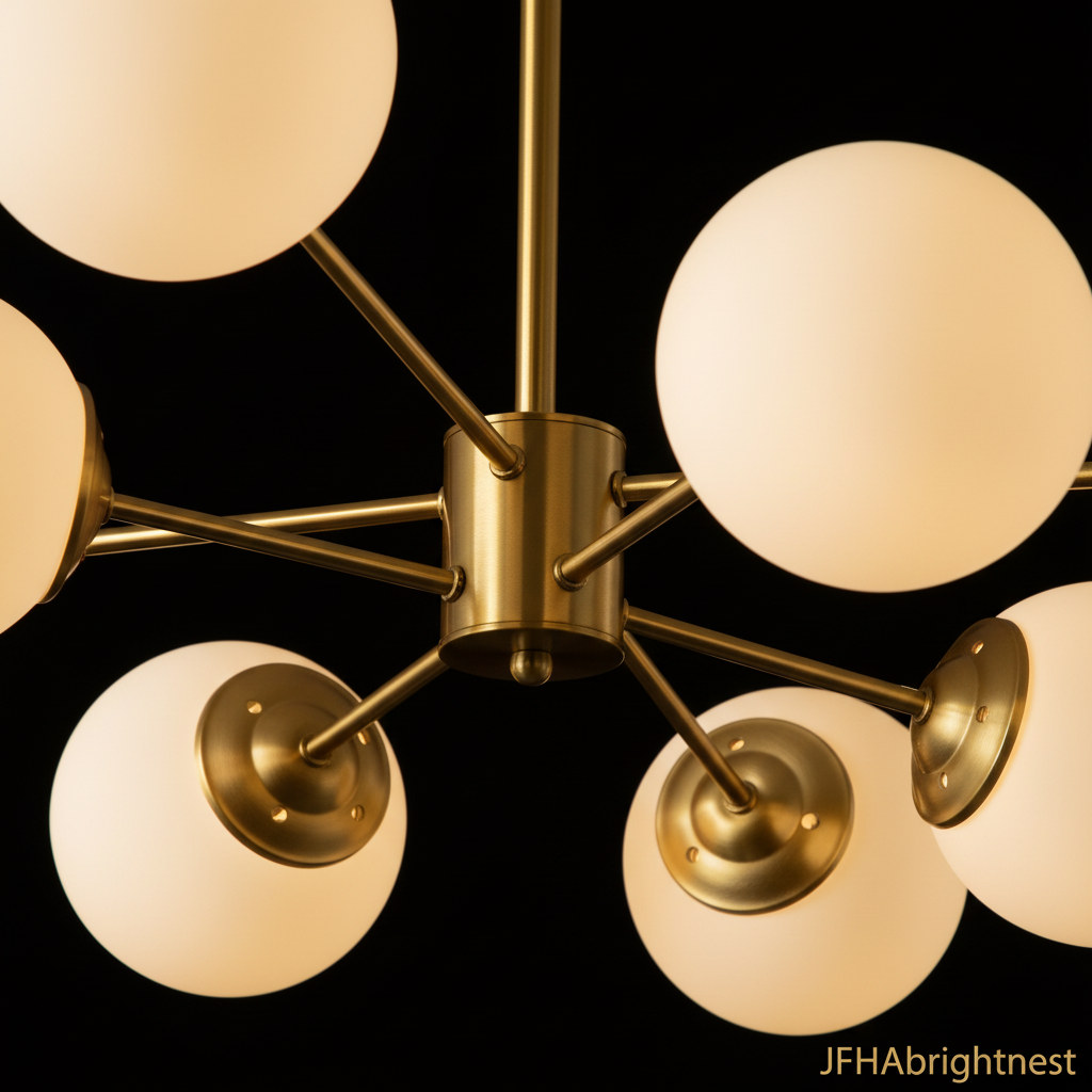 Astra Sputnik Chandelier - Close-up detail of gold brass hub and frosted glass globes