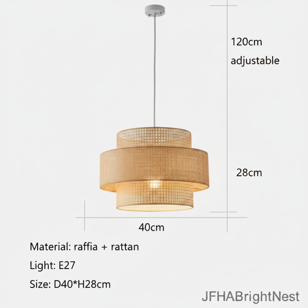Dimension diagram of the woven rattan pendant light, 40cm diameter and 28cm high, with a 120cm adjustable cord