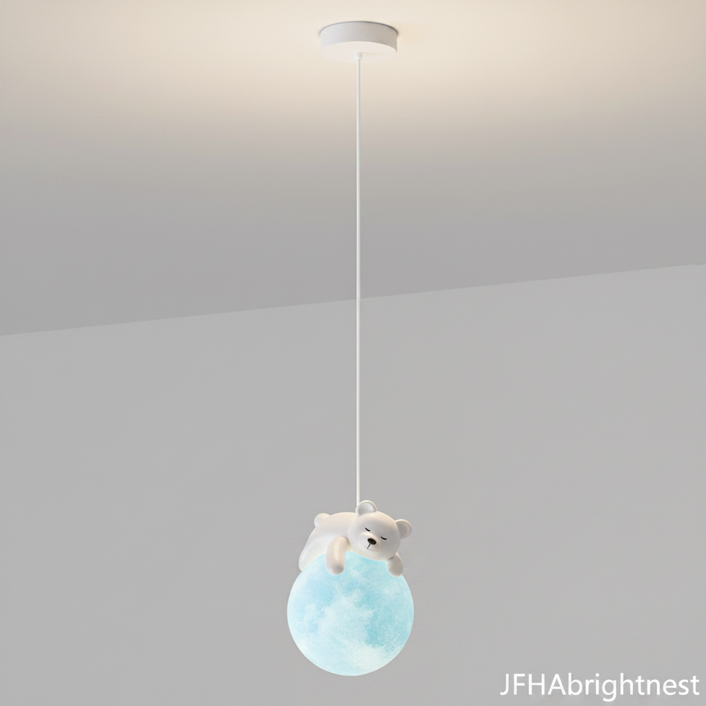 Kids globe cord pendant light with blue shade and bear figurine