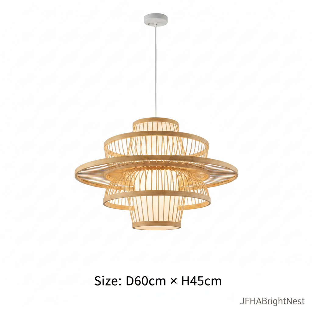 Handmade bamboo rattan art chandelier Size D60cm x H45cm multi-tiered disc ring structure on white background