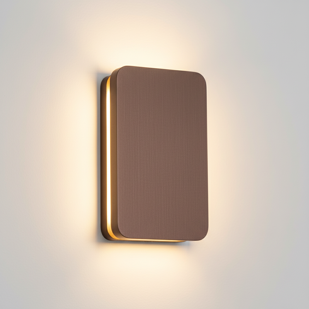 Close-up of the Ingram wall light in coffee brown brushed metal