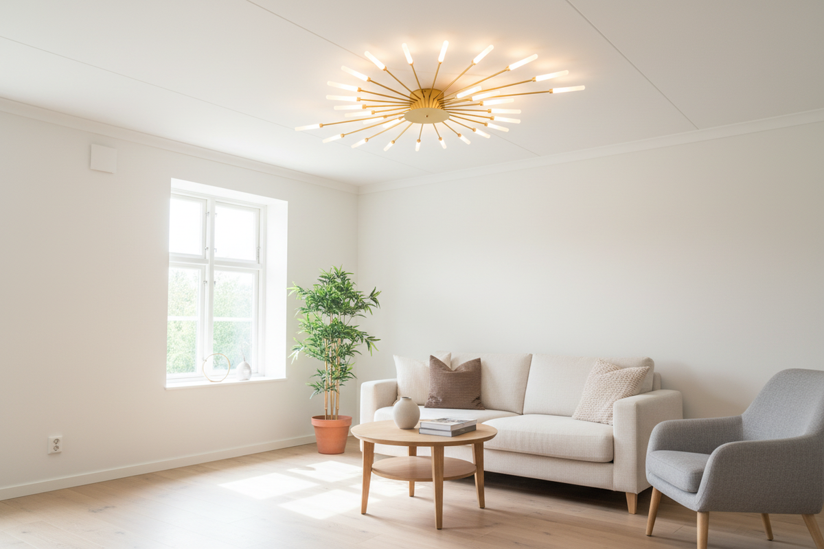 Wesley Fireworks gold ceiling light in a bright Scandinavian living room with oak furniture