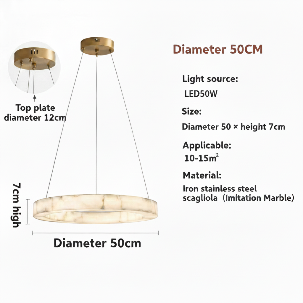 Size diagram: 50cm diameter by 7cm high disc pendant light