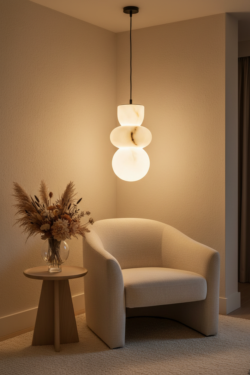 Marble pendant light on a cable in a living room reading corner