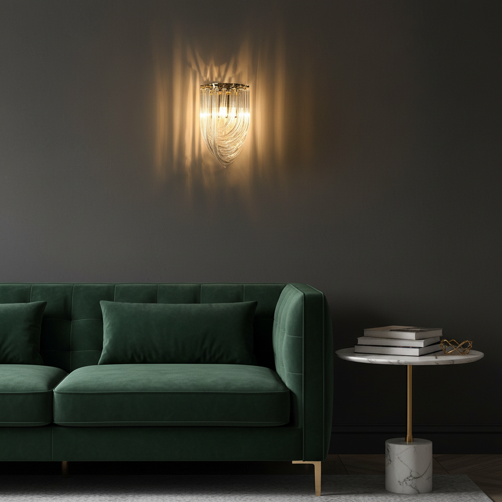 Trevi gold wall light lit above a seating area in a living room
