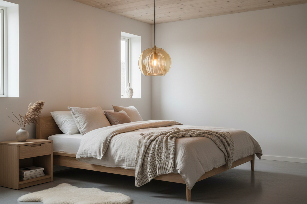 Amber glass globe pendant light in bedroom