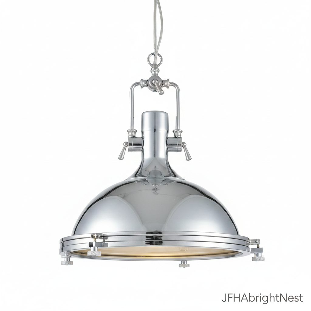 Edison Noir industrial dome pendant light in polished chrome, shown with chain and frosted glass diffuser