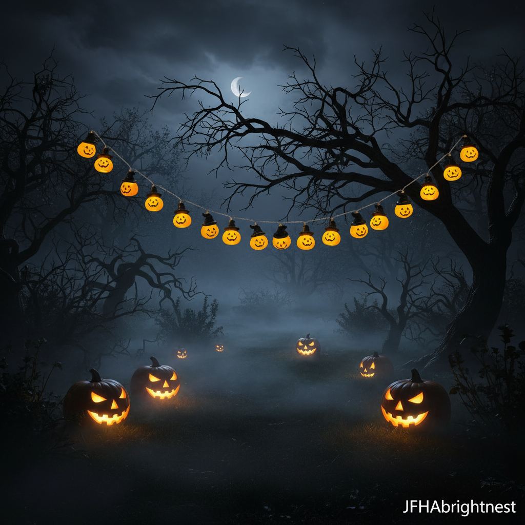 Witch hat pumpkin Halloween string lights hanging from garden tree branch at Halloween night with JFHAbrightnest branding