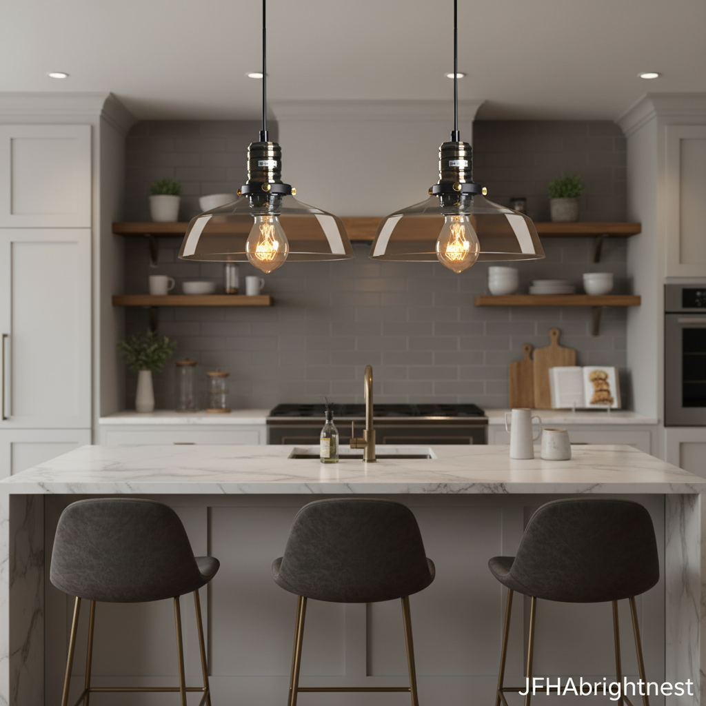 Two Ember amber glass barn pendants above a kitchen island with open shelving