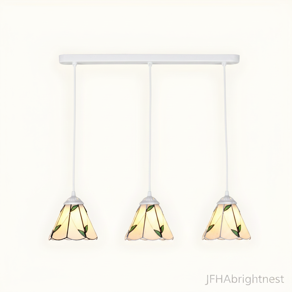 3-light Tiffany stained glass cluster pendant white frame with green botanical leaf shade and linear canopy