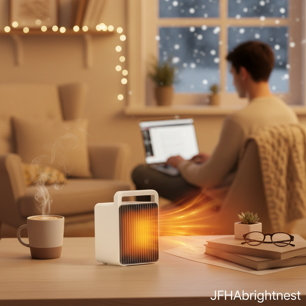 Vesta mini ceramic heater on a desk in a home office - JFHABrightNest