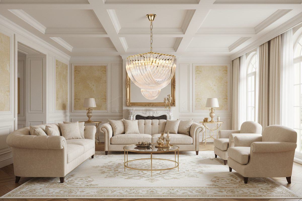 Solene chandelier, 80cm diameter, in an elegant living room