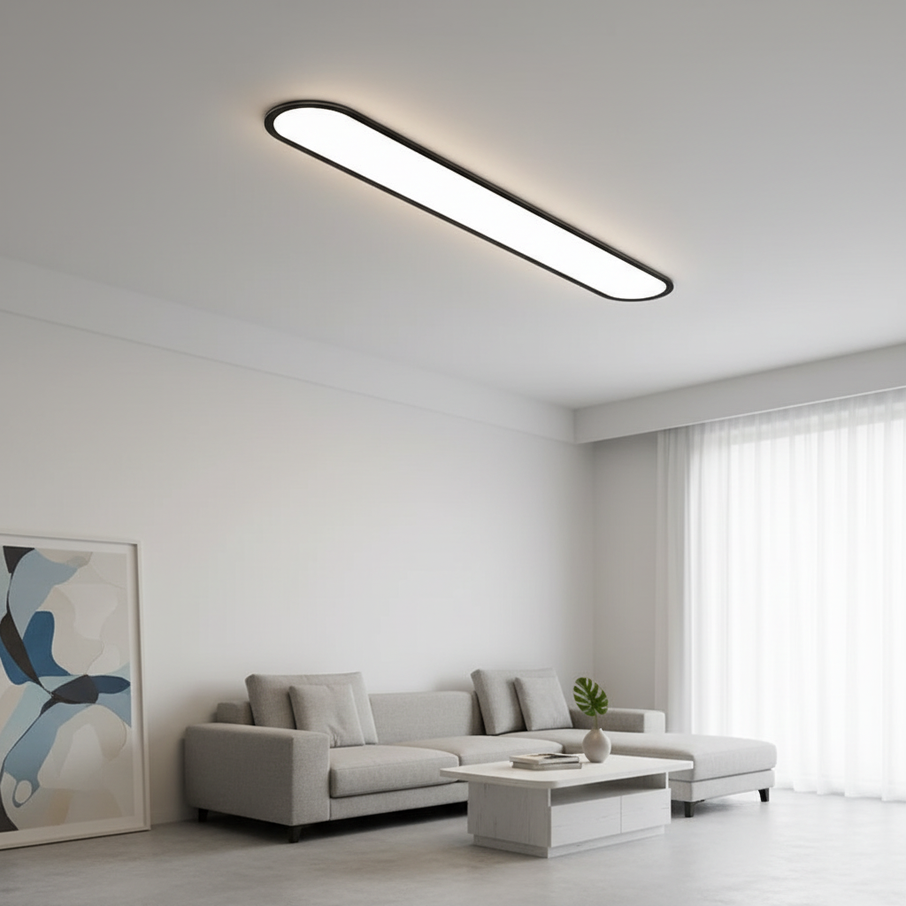 Rilo Oval Ceiling Light in black finish mounted on ceiling in modern living room