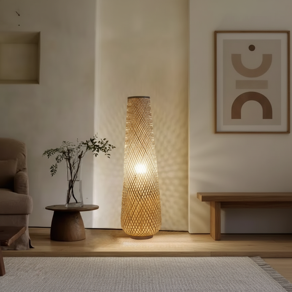 Raw bamboo floor lamp lit in a warm Japandi living room beside a wooden side table and dried flowers