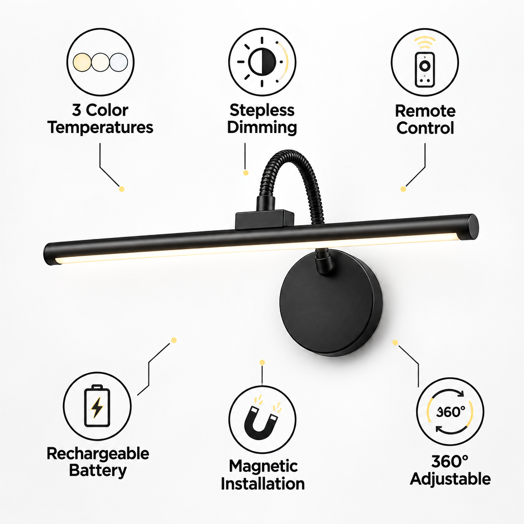 Picture light features: 3 colour temperatures, stepless dimming, remote control, rechargeable battery, magnetic installation, 360° adjustable