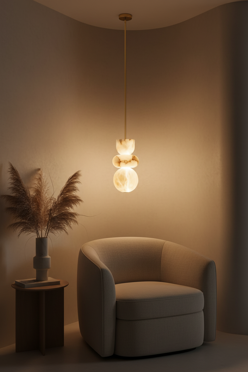 Marble pendant light on a brass pipe in a living room reading corner