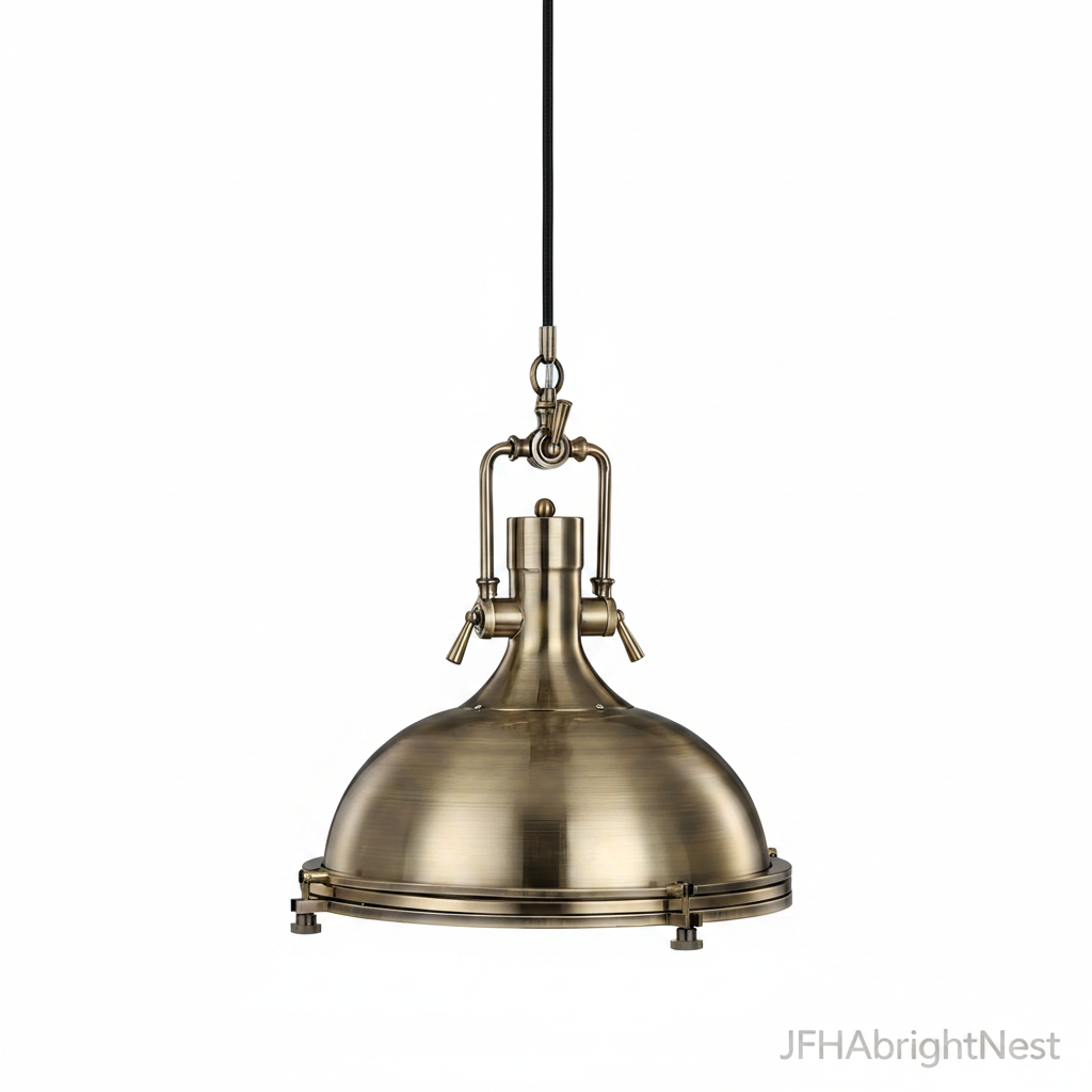 Edison Noir industrial dome pendant light in antique brass with frosted glass diffuser, on a white background