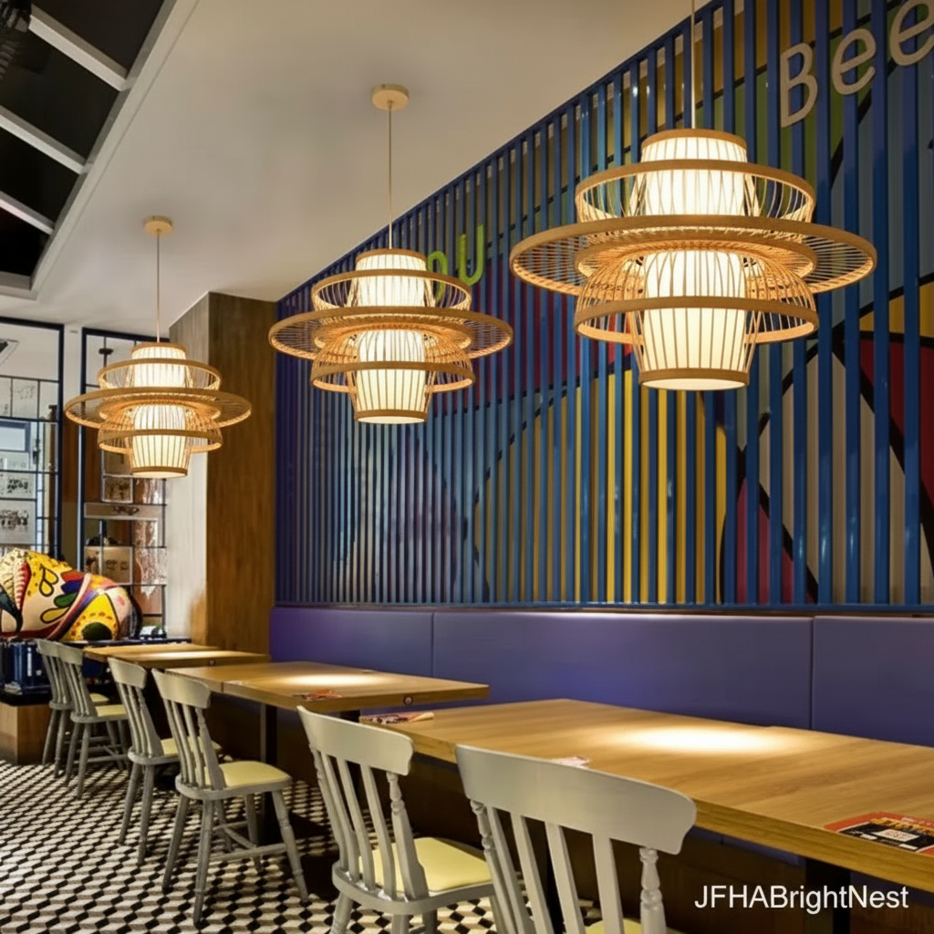 Three handmade bamboo rattan art chandeliers hanging in a row over a wooden dining table in a modern eclectic restaurant with colourful striped wall