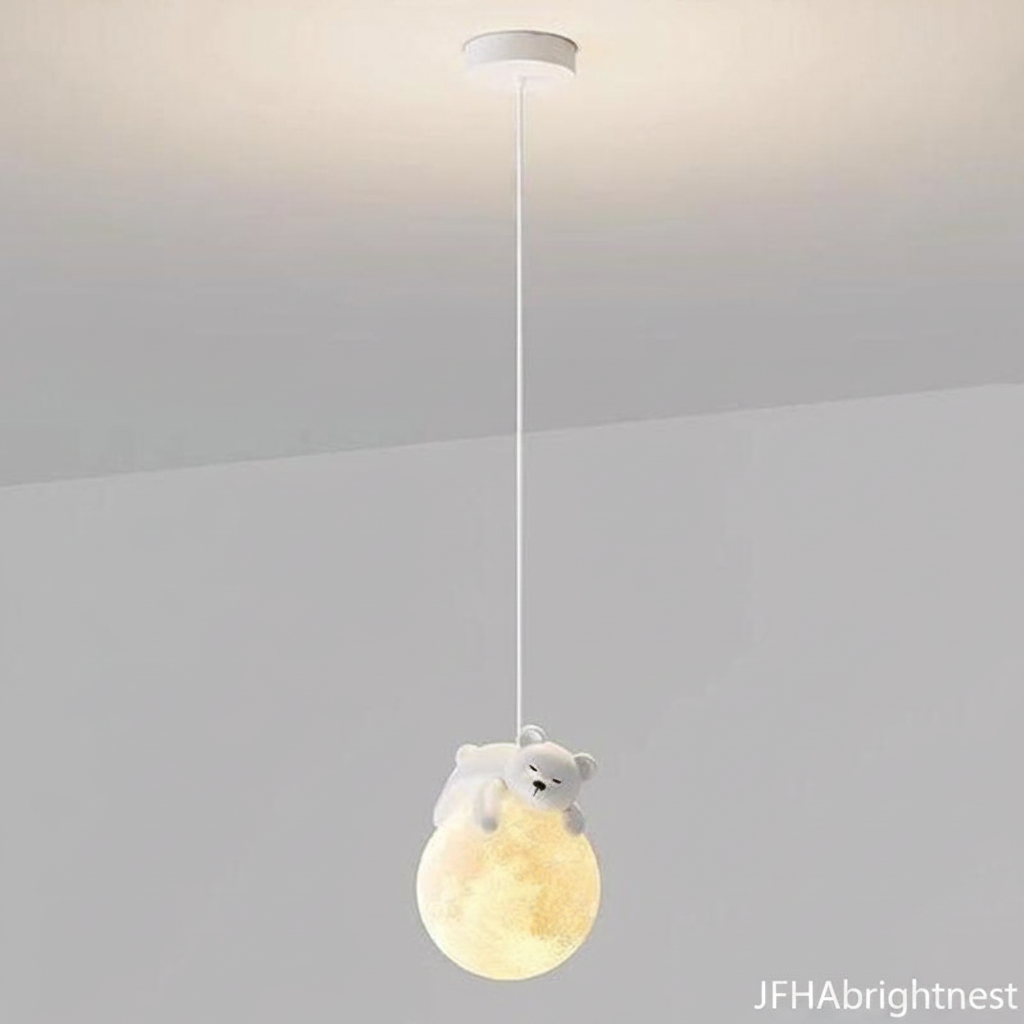 Kids globe cord pendant light with ivory shade and bear figurine