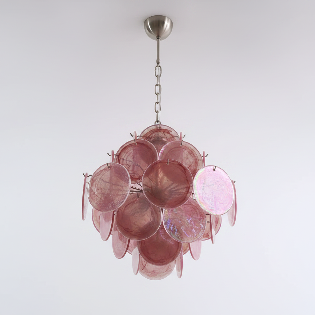 Pink glass disc chandelier low angle looking up