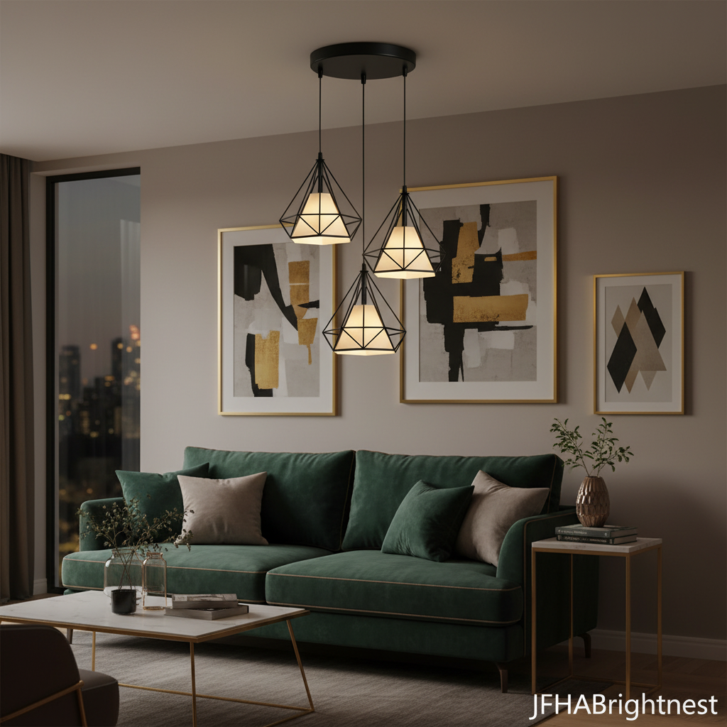 3-light black diamond cage pendant round canopy in stylish living room