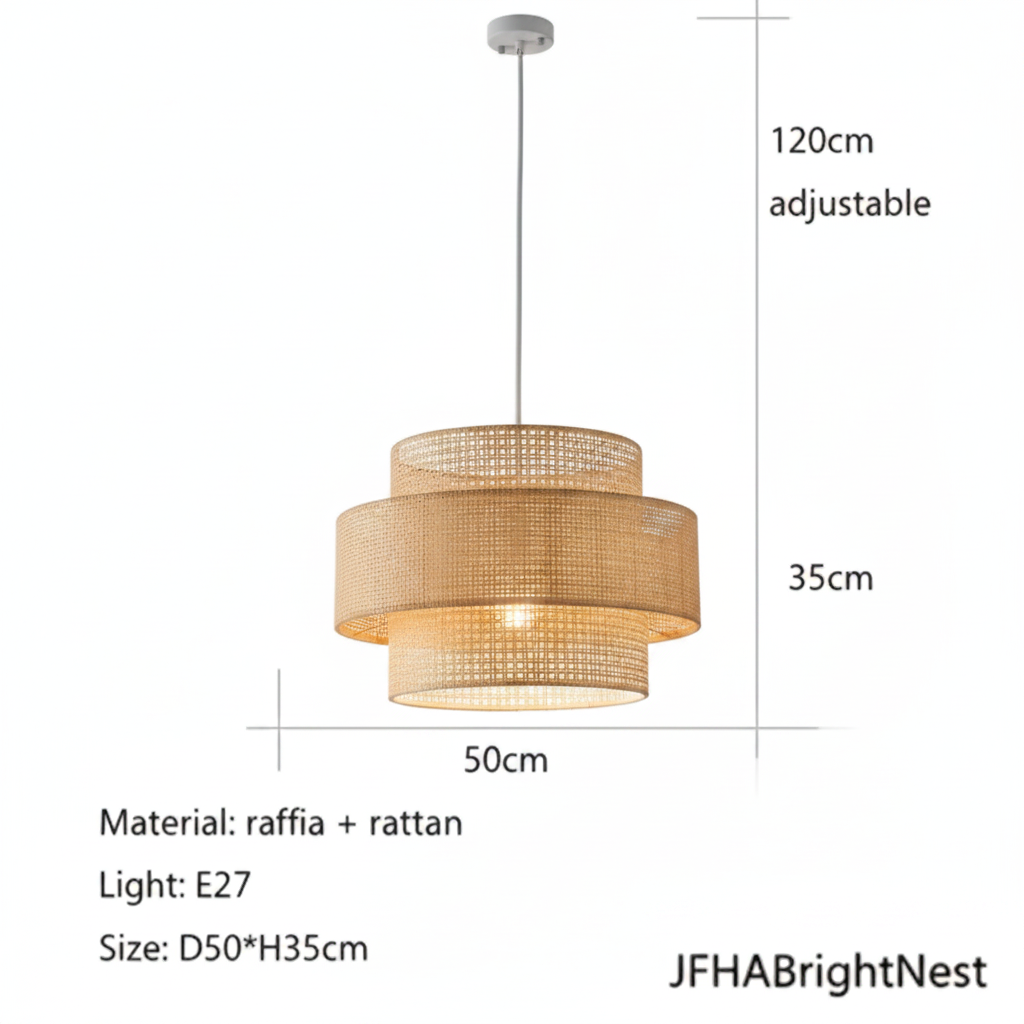Dimension diagram of the woven rattan pendant light, 50cm diameter and 35cm high, with a 120cm adjustable cord