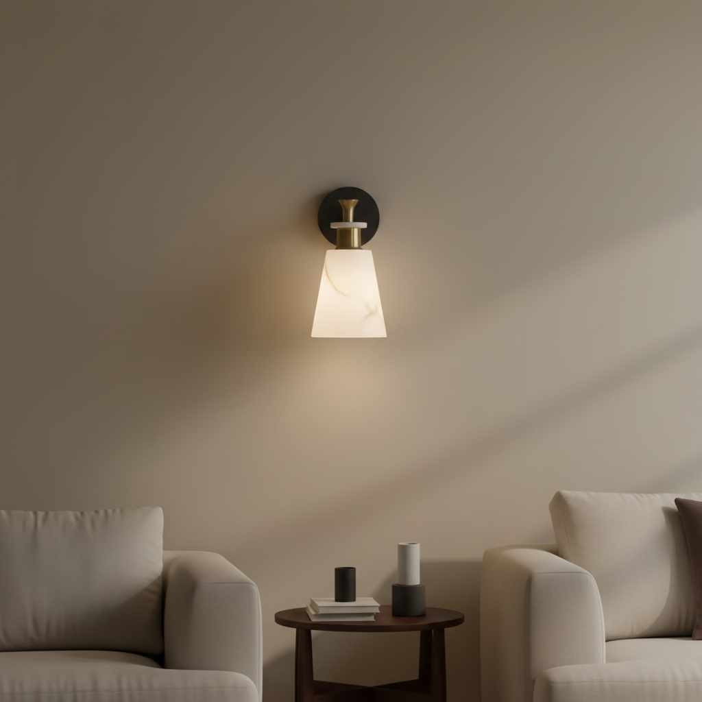 Marble wall lamp in black lighting an interior wall in the evening