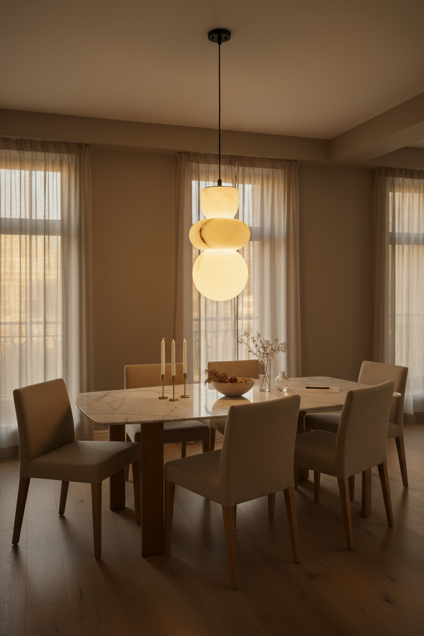 Marble pendant light on a cable hanging above a dining table