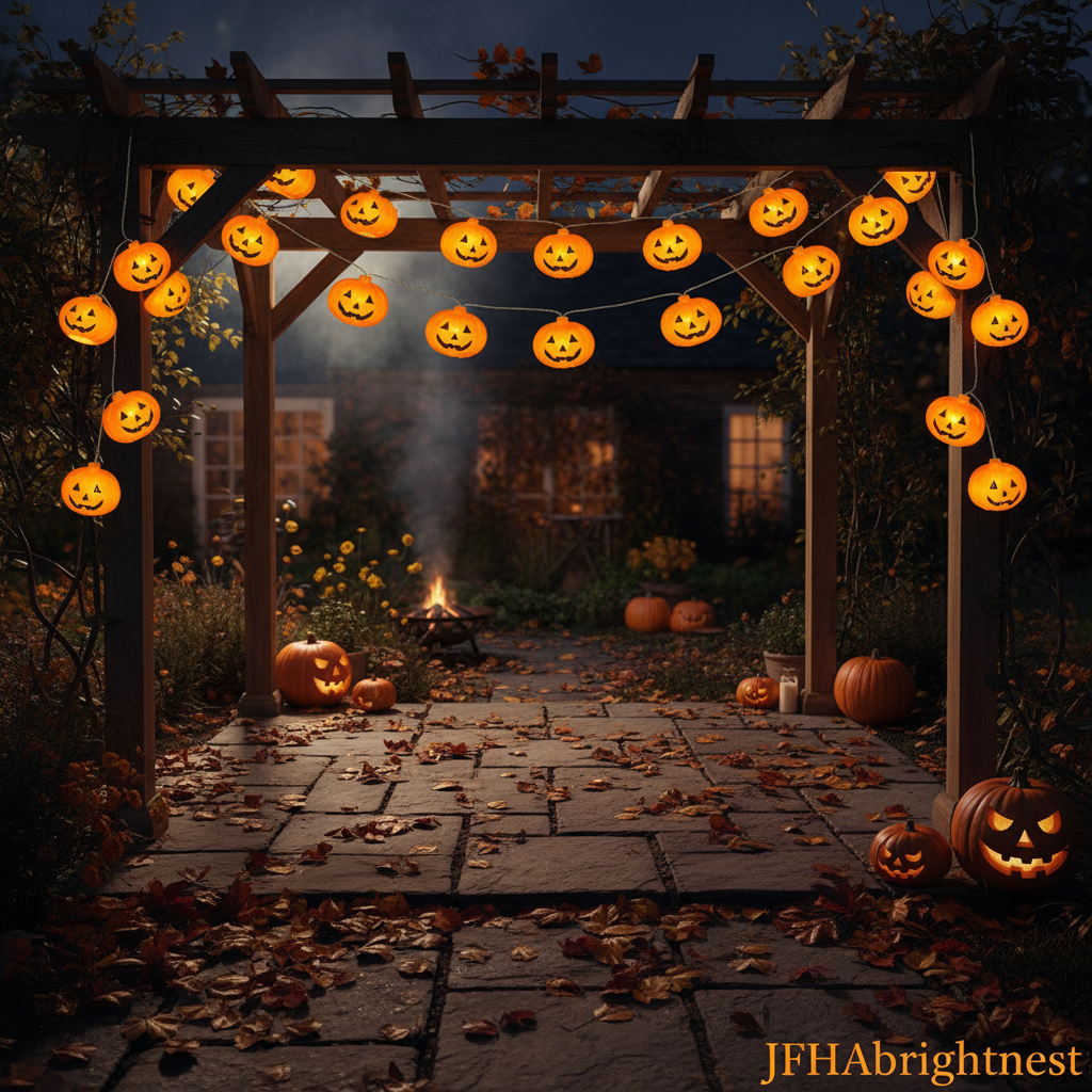 Large fluffy orange pumpkin string lights strung across British garden pergola at Halloween night with JFHAbrightnest branding