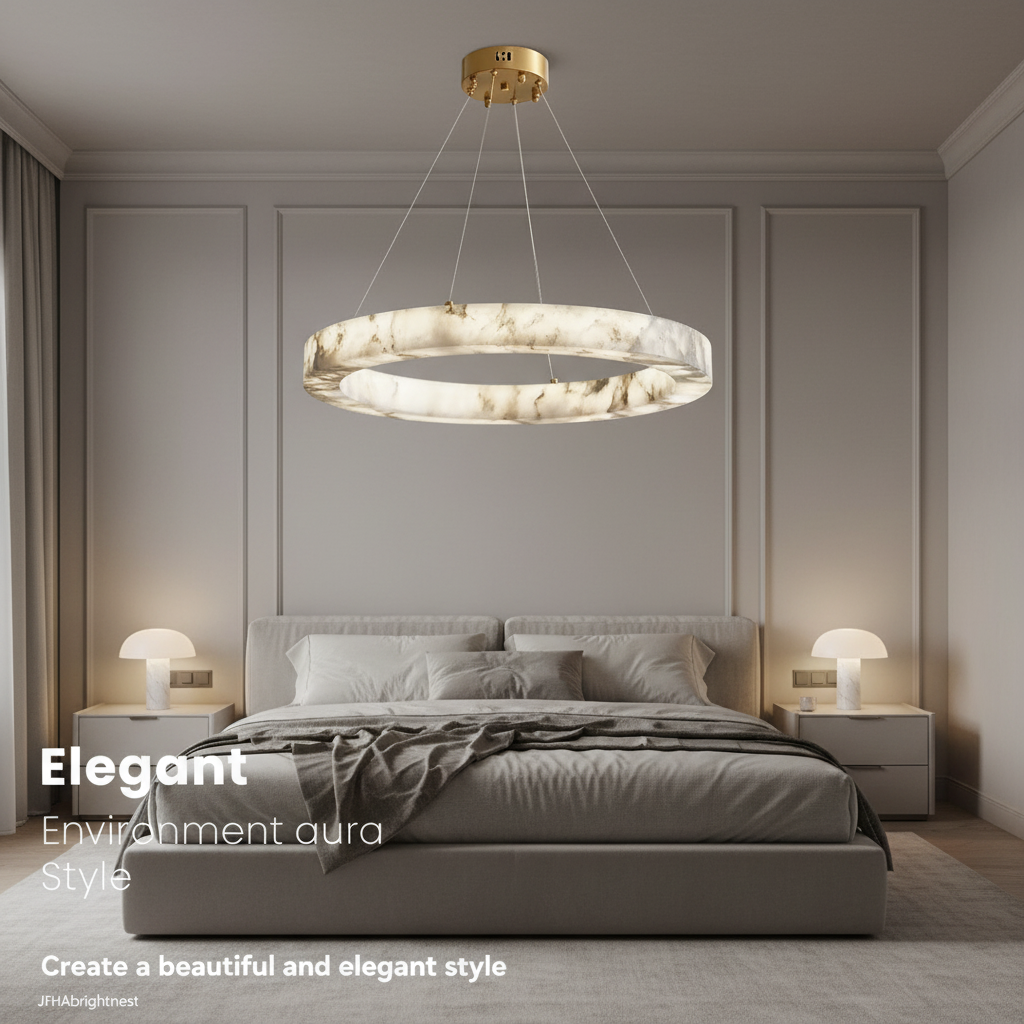 Marble ring pendant light hanging above a bed in a neutral bedroom