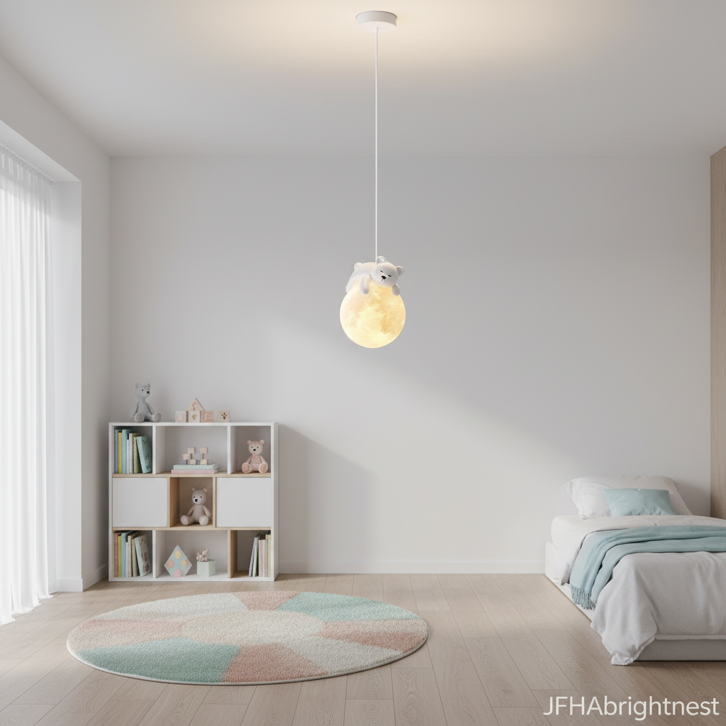 Off-white kids globe pendant light in minimal modern kids room