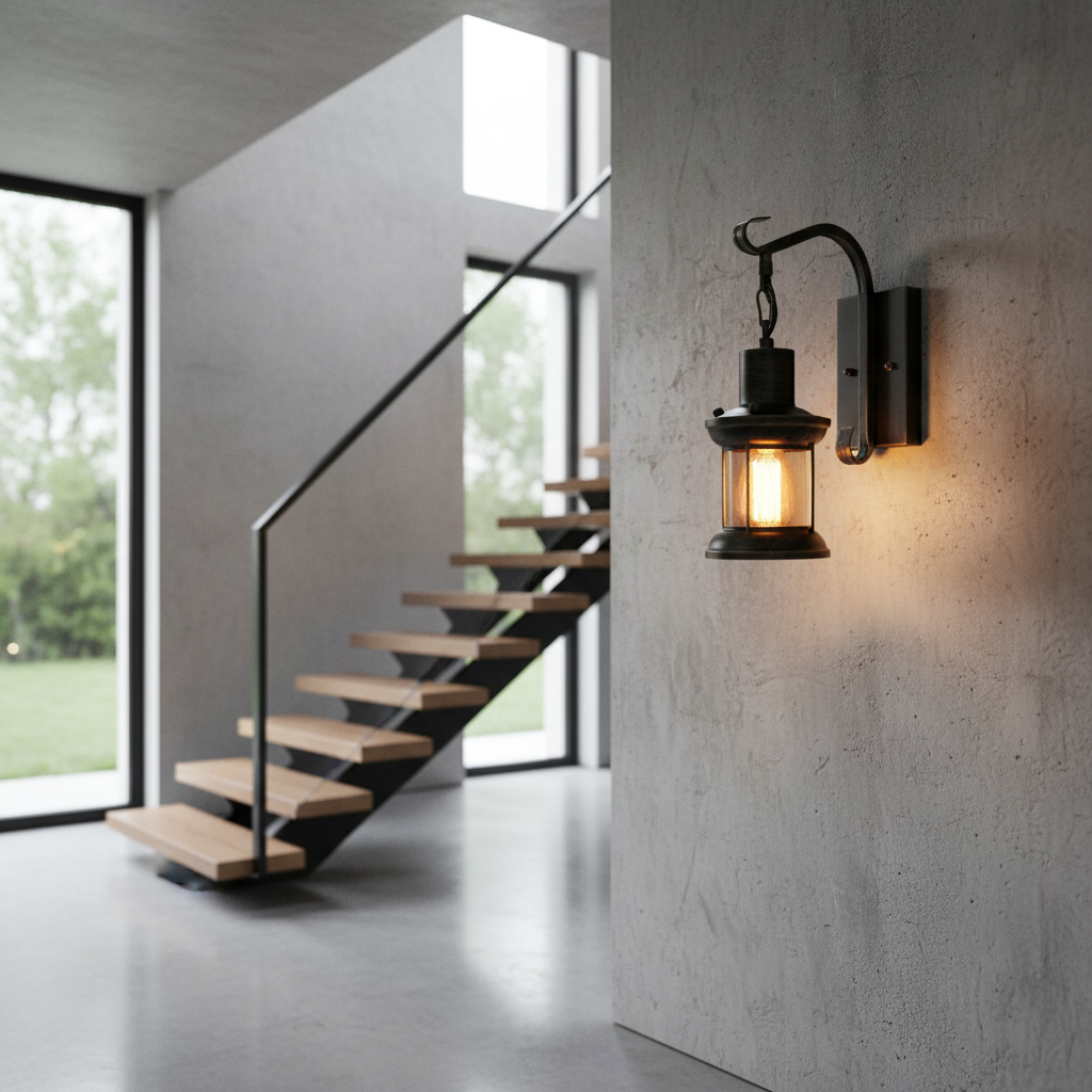 Etra Retro Wall Lamp - Black beside modern staircase