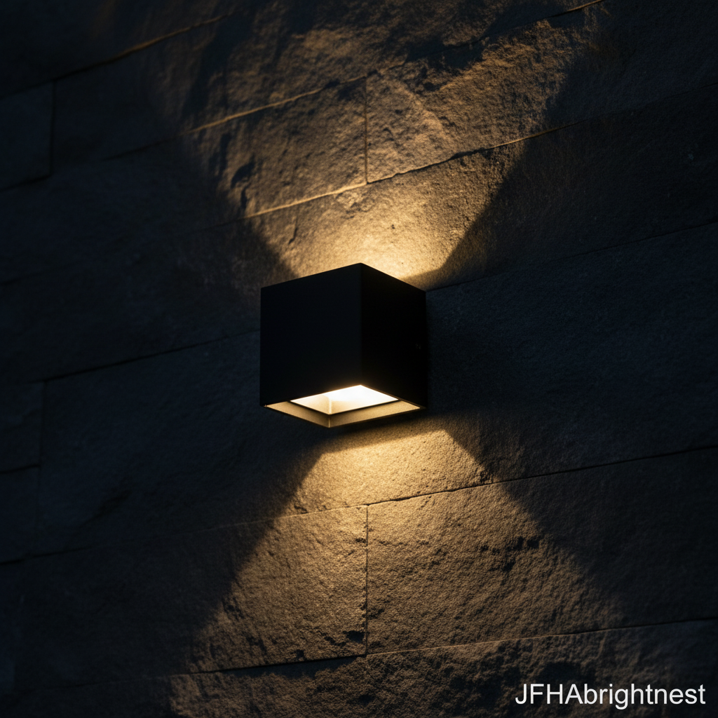 Black Norvik outdoor wall light close up showing adjustable beam shutters