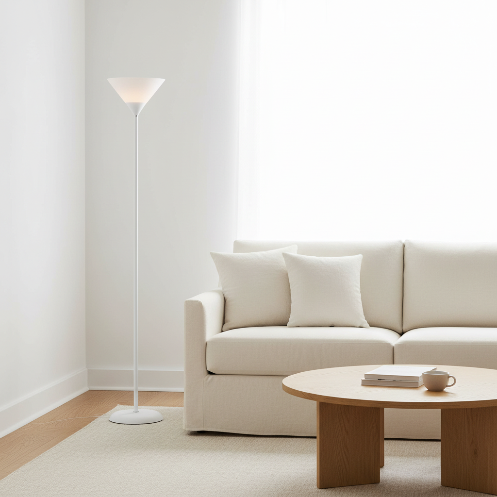White Coppa uplighter floor lamp in a light living room with a cream sofa