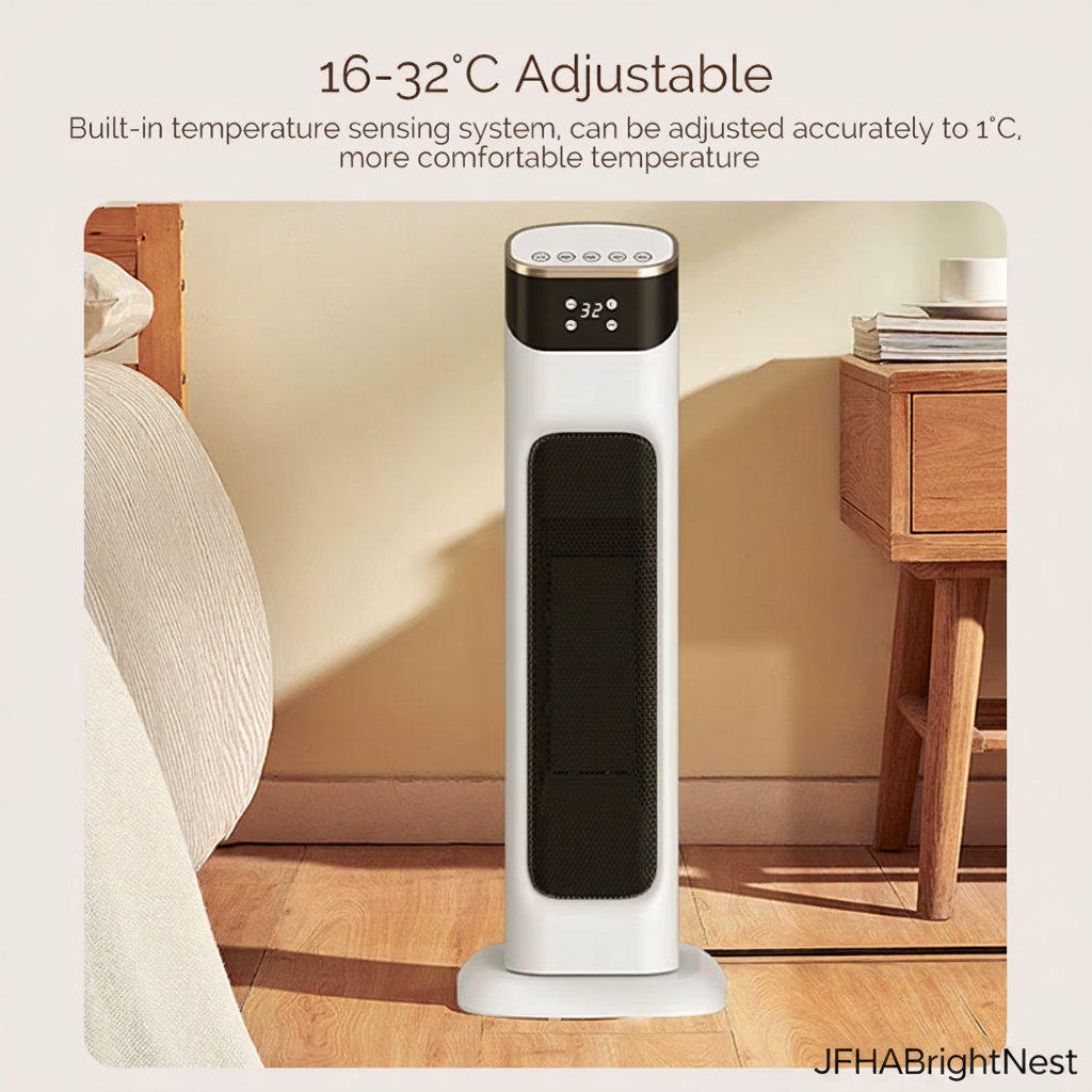 Pyra Electric Tower Heater - 16-32°C adjustable temperature in a bedroom