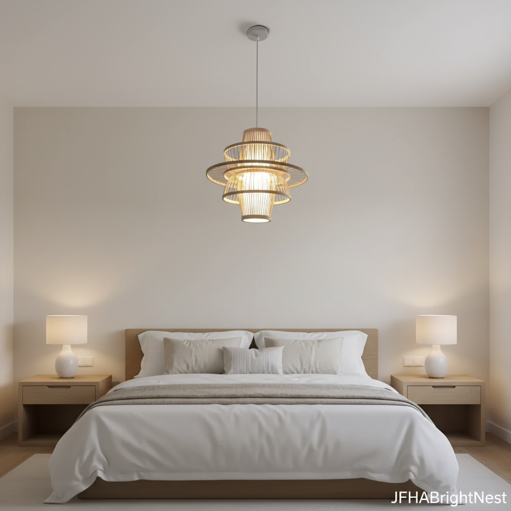 Handmade bamboo rattan art chandelier hanging in a luxurious master bedroom with white linen bedding and warm ambient glow