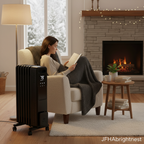 Solen oil-filled radiator in black warming a living room reading corner