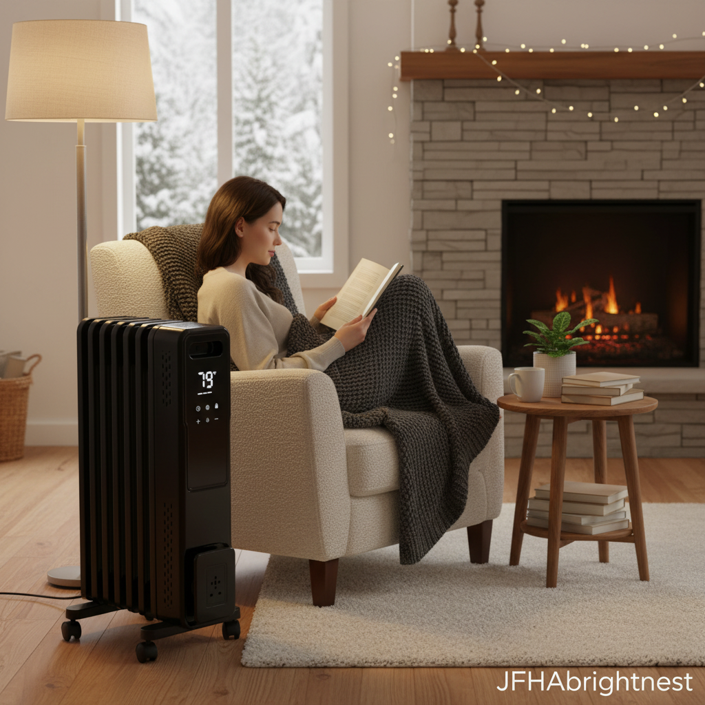 Solen oil-filled radiator in black warming a living room reading corner