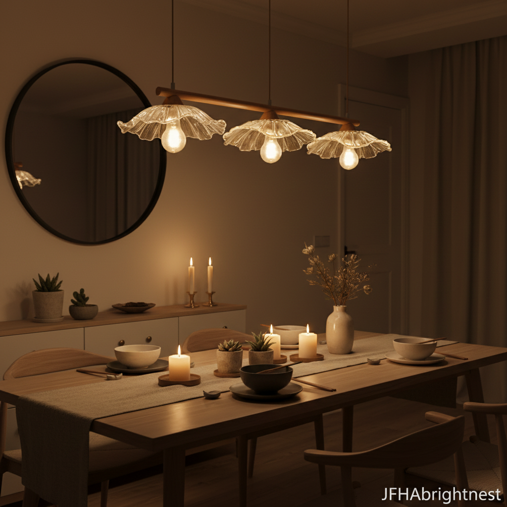 3-light flower pendant above Japandi dinner table set for dining