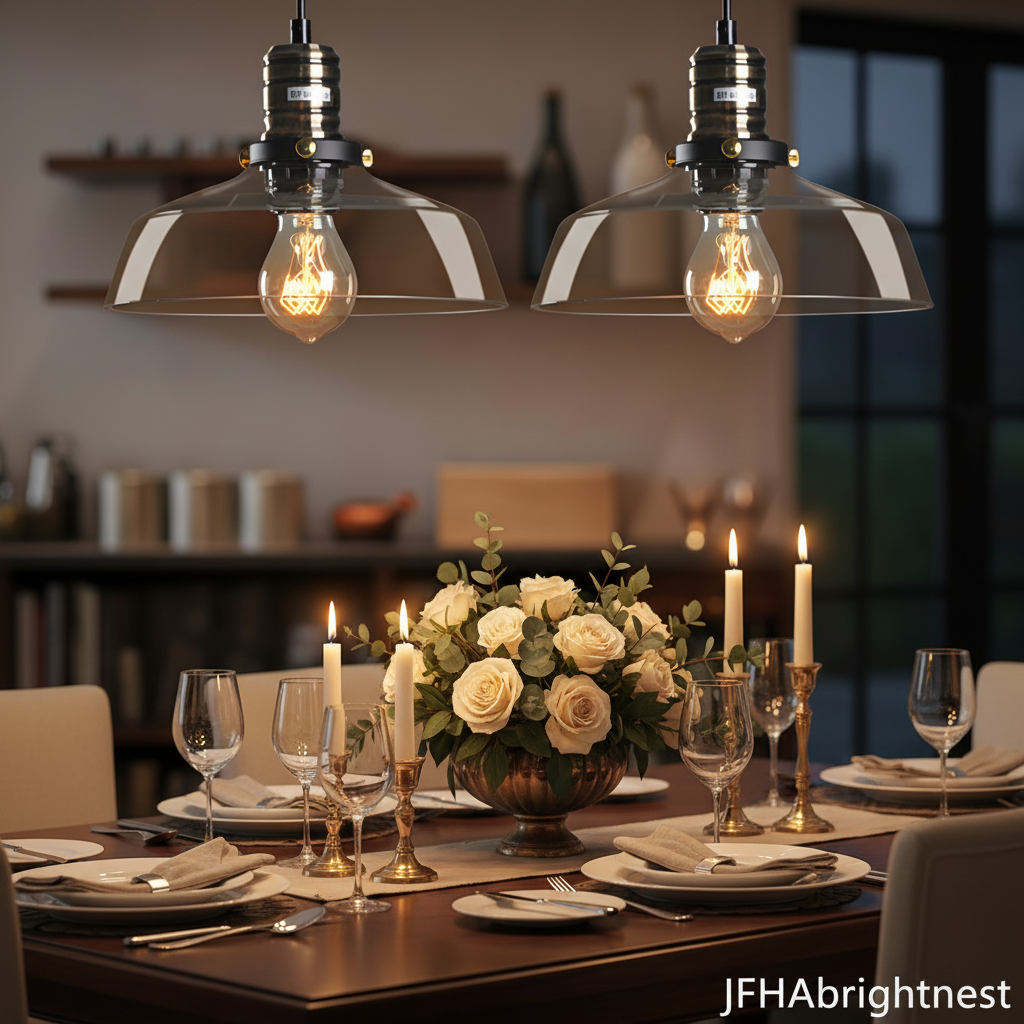 Pair of Ember amber glass pendant lights hanging over a dining table