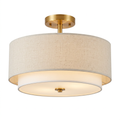 Flax fabric ceiling lamp with gold canopy on a white background