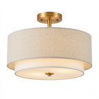 Flax fabric ceiling lamp with gold canopy on a white background