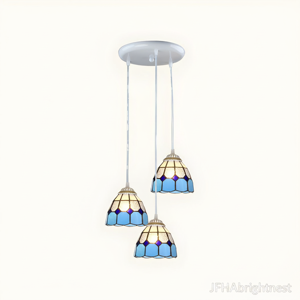 3-light Tiffany stained glass cluster pendant with white round canopy and blue geometric mosaic shades