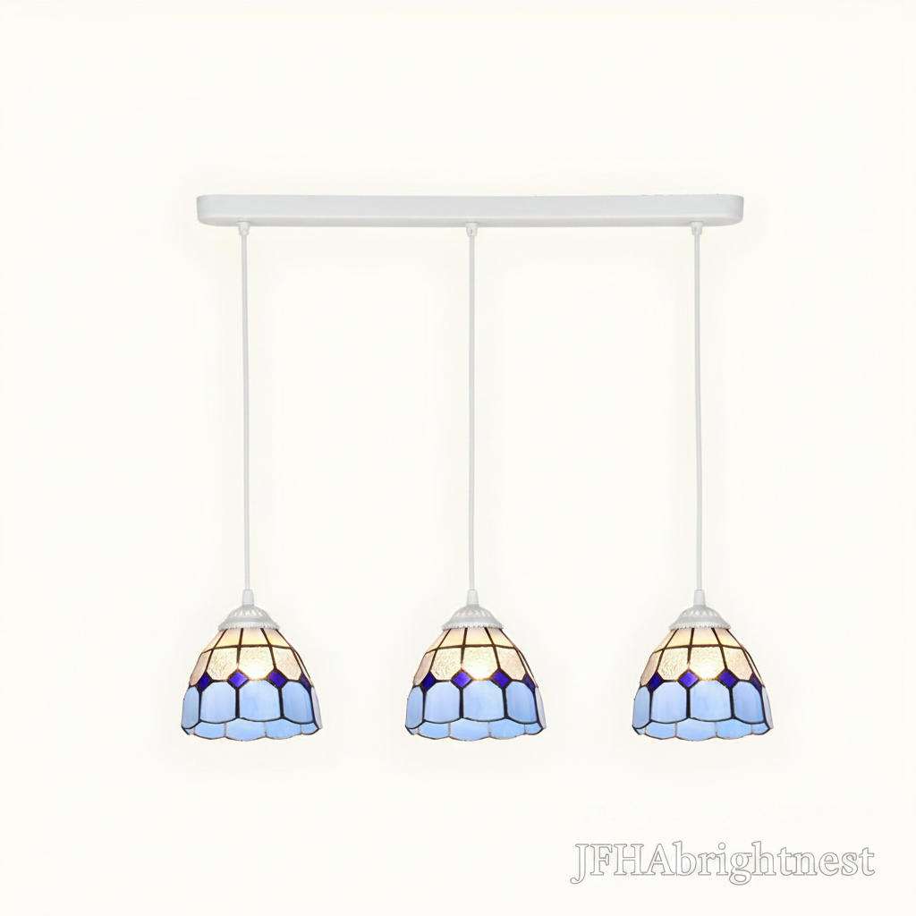 3-light Tiffany stained glass cluster pendant white frame with blue scallop shade and linear canopy