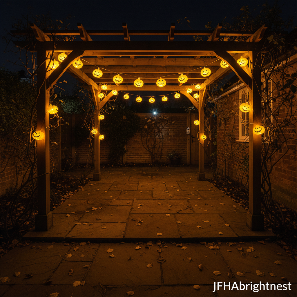 Translucent yellow pumpkin Halloween string lights strung along garden pergola at Halloween night with JFHAbrightnest branding