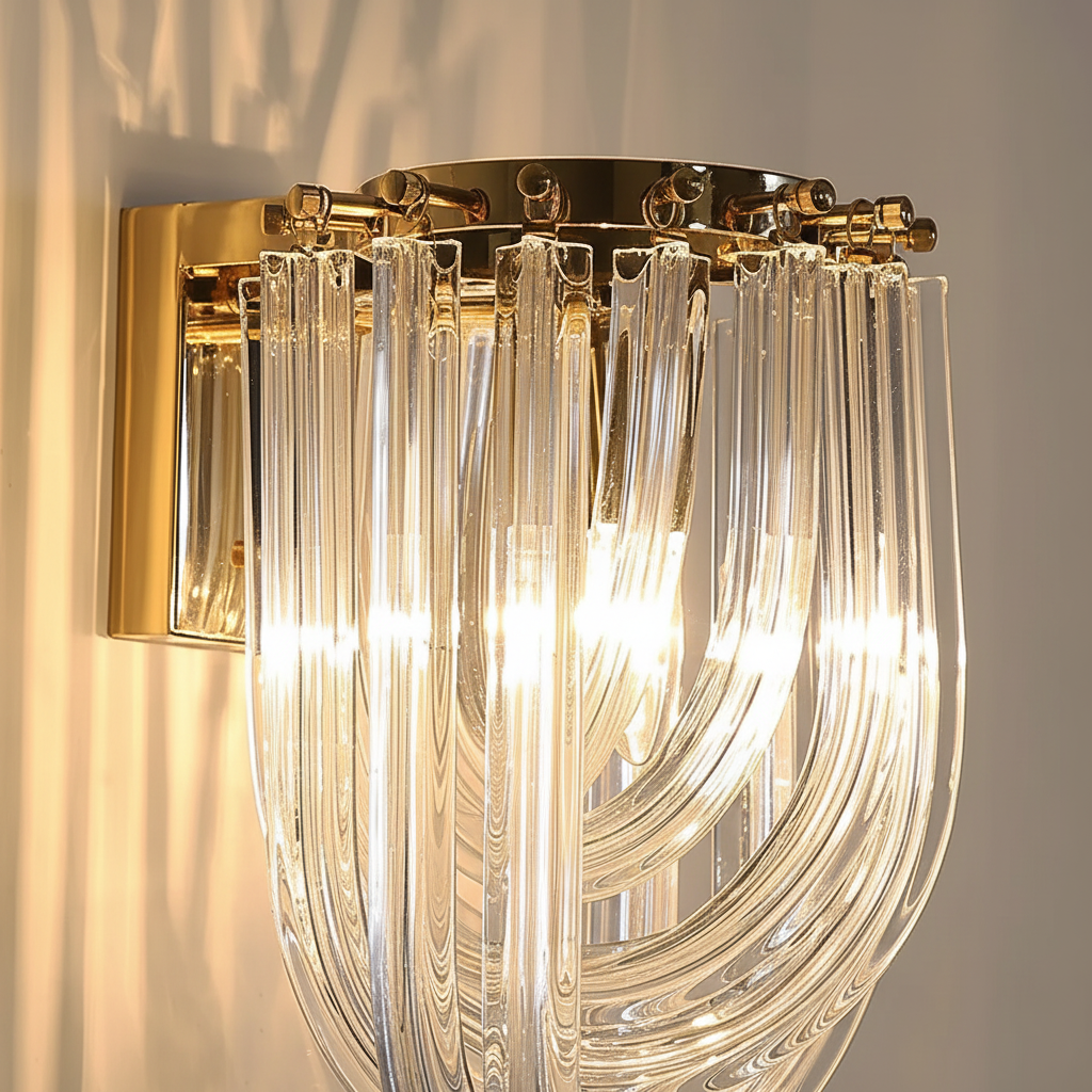 Close-up of the Trevi wall light's clear glass rods and gold frame