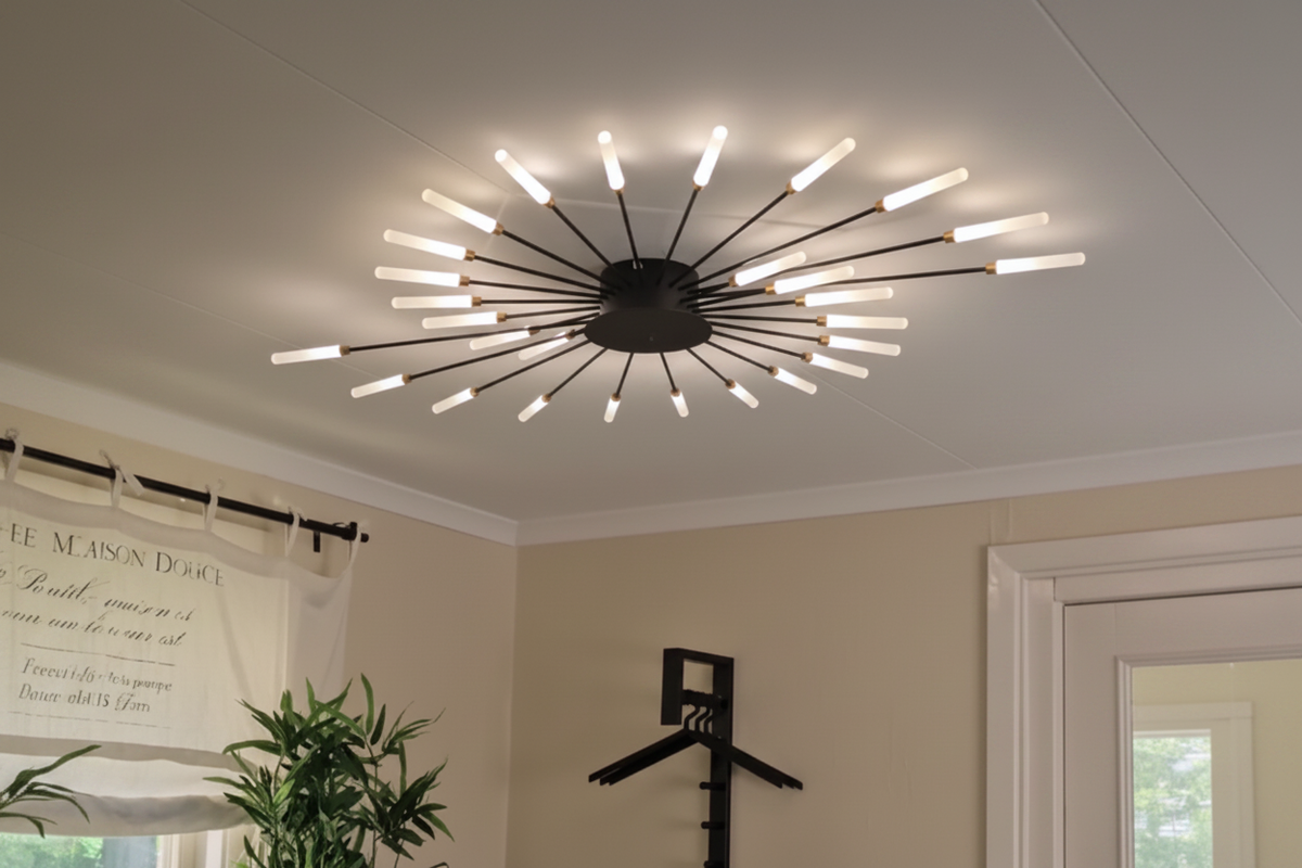 Wesley Fireworks black ceiling light in a modern living room with neutral beige walls and indoor plants
